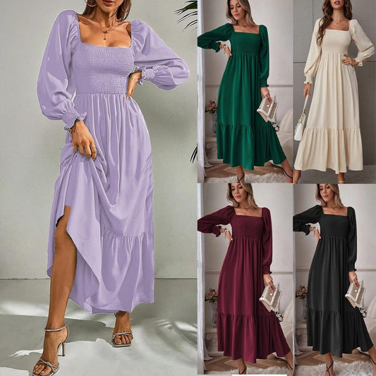 Pullover Square Collar Long Sleeve Ruffled High Waist Tight Temperament Dress