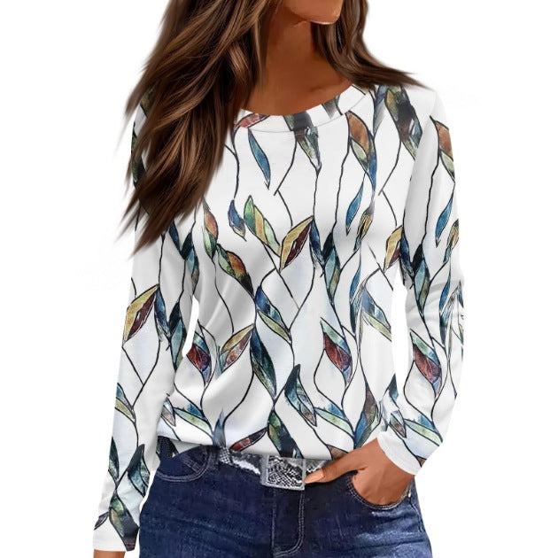 European And American Slim-fit Cotton-like Round Neck Printed Solid Color Long Sleeve Long Sleeve