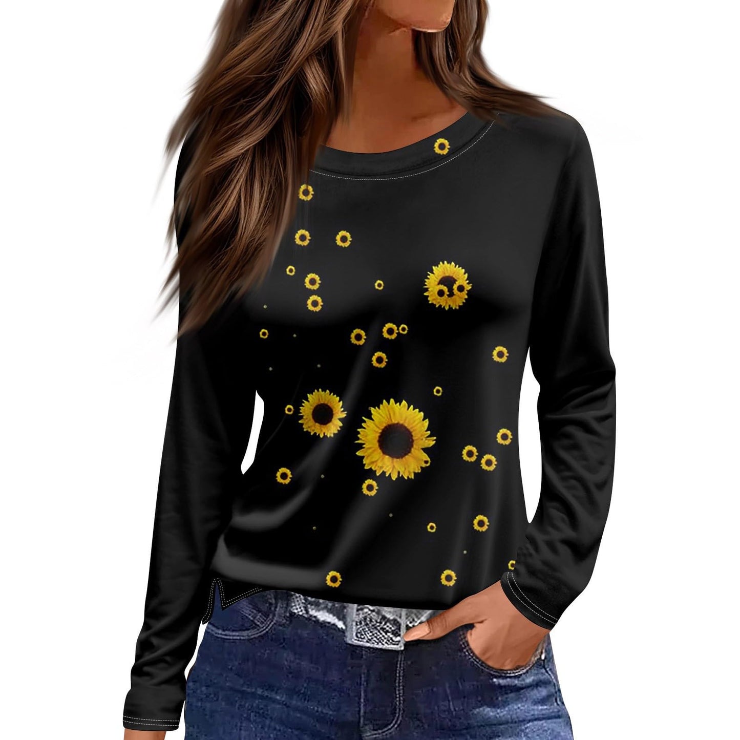 European And American Slim-fit Cotton-like Round Neck Printed Solid Color Long Sleeve Long Sleeve