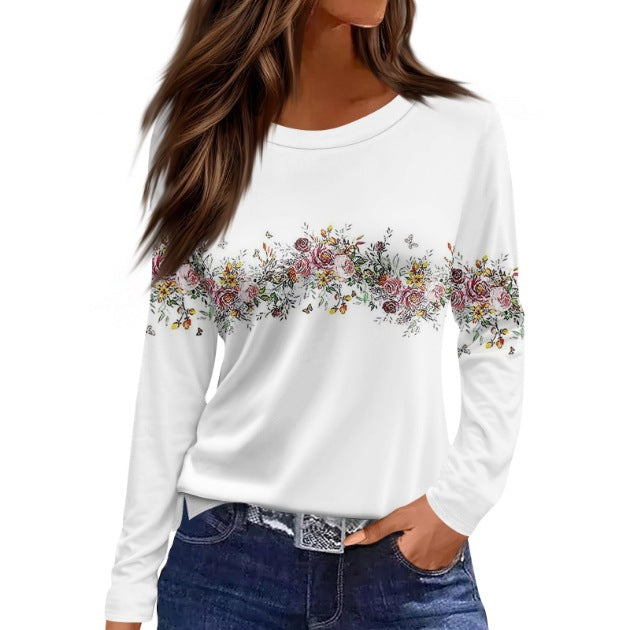 European And American Slim-fit Cotton-like Round Neck Printed Solid Color Long Sleeve Long Sleeve