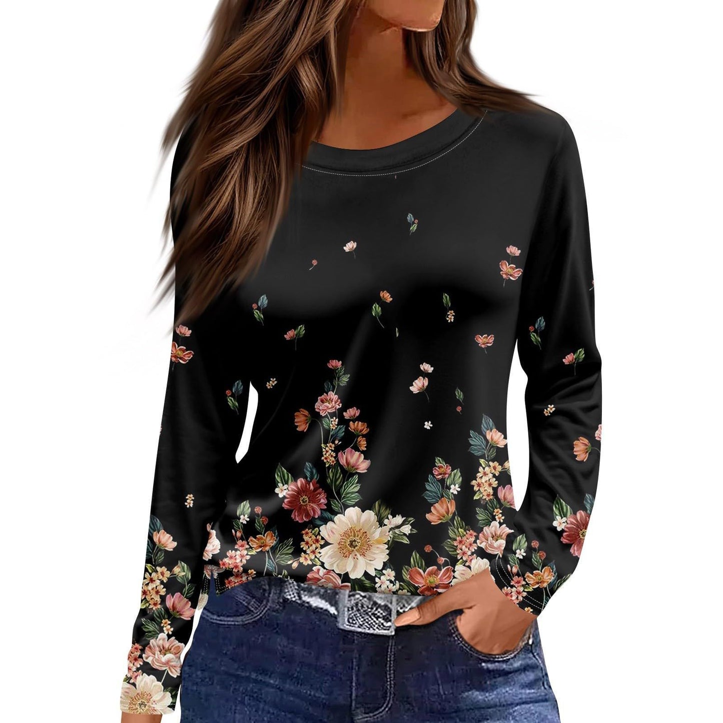 European And American Slim-fit Cotton-like Round Neck Printed Solid Color Long Sleeve Long Sleeve