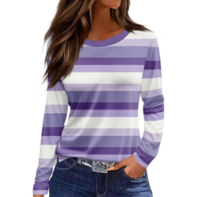 European And American Slim-fit Cotton-like Round Neck Printed Solid Color Long Sleeve Long Sleeve