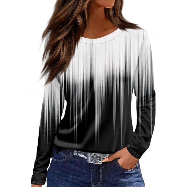 European And American Slim-fit Cotton-like Round Neck Printed Solid Color Long Sleeve Long Sleeve
