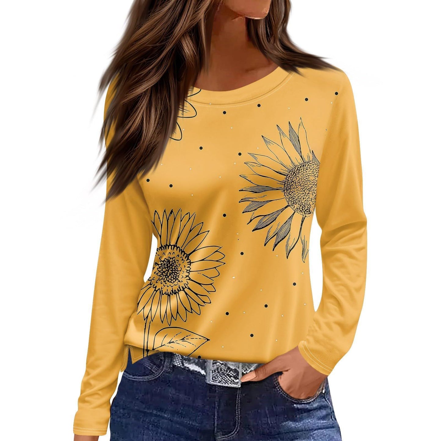 European And American Slim-fit Cotton-like Round Neck Printed Solid Color Long Sleeve Long Sleeve