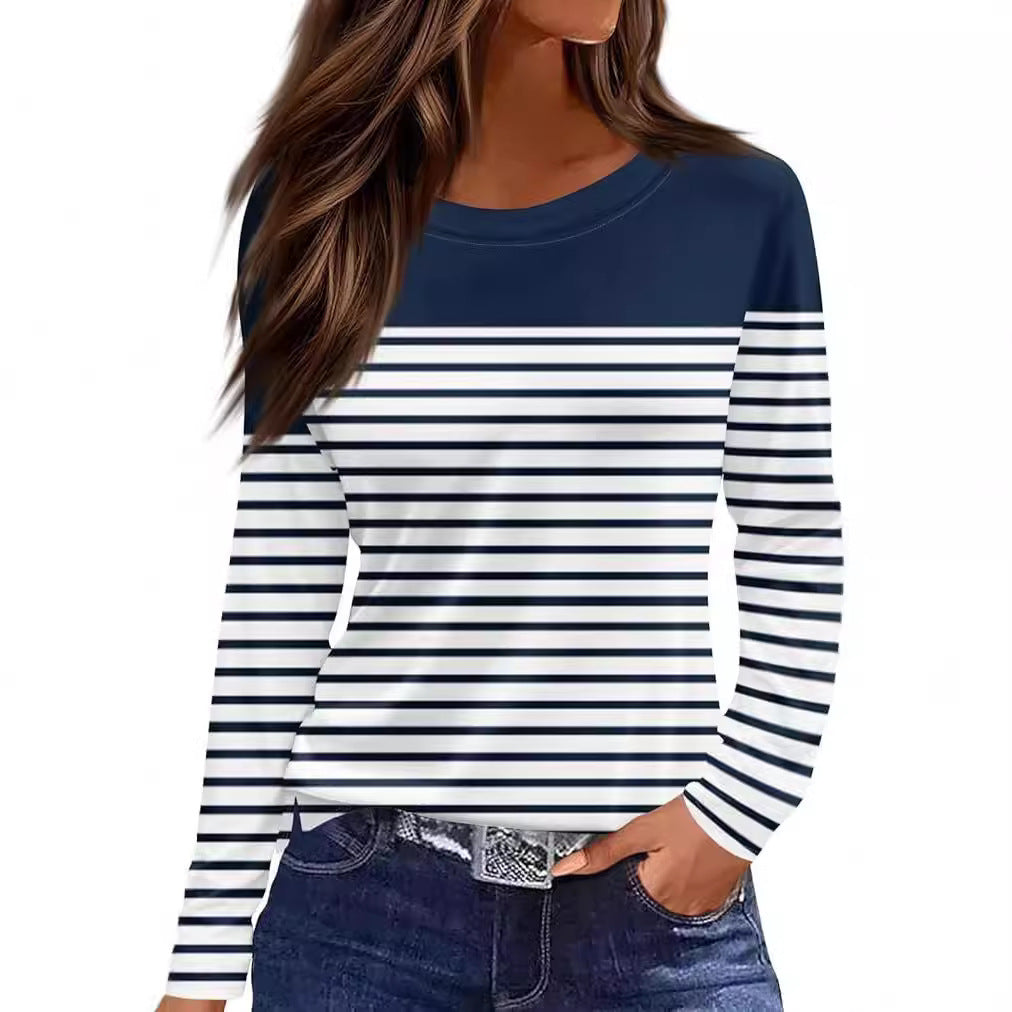 European And American Slim-fit Cotton-like Round Neck Printed Solid Color Long Sleeve Long Sleeve