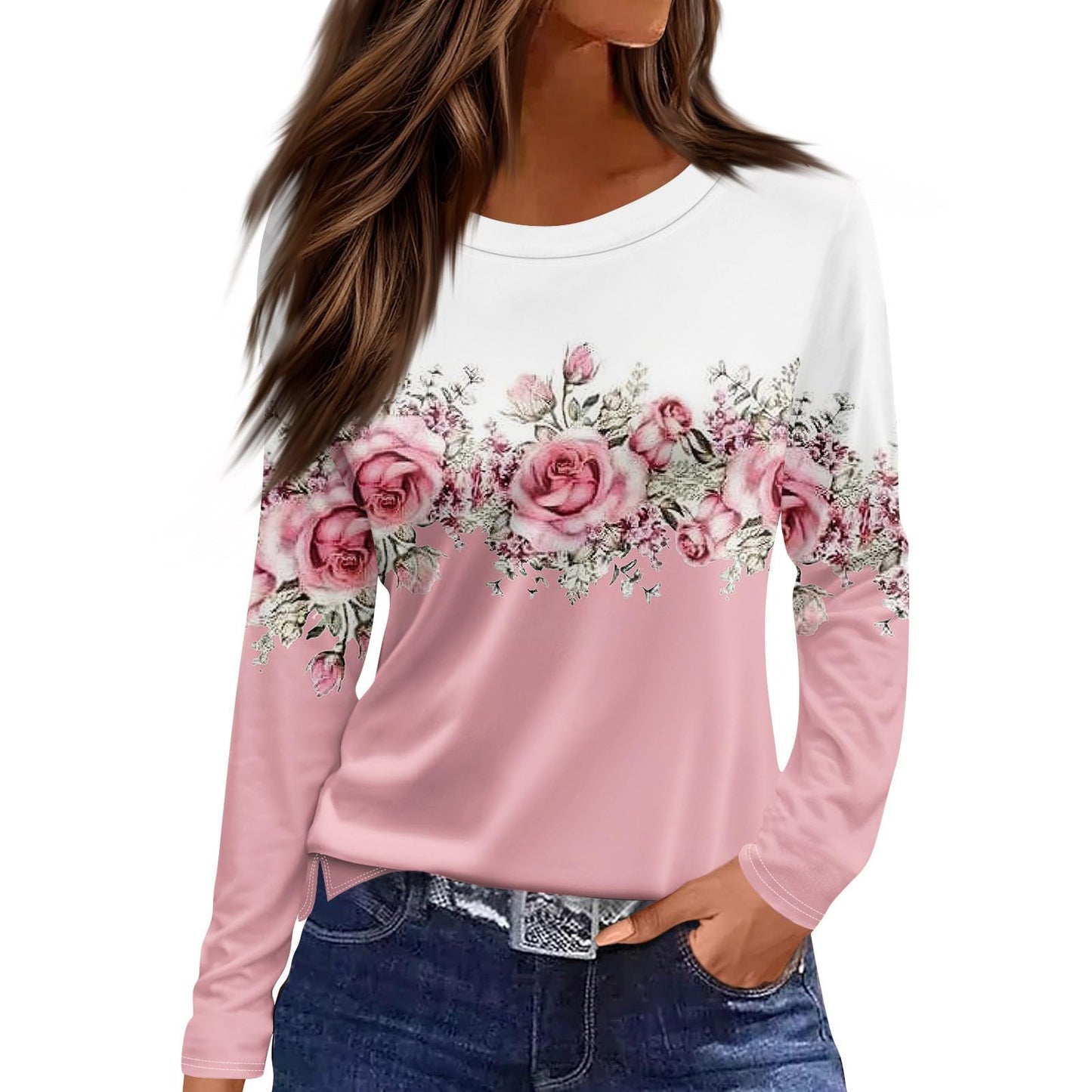 European And American Slim-fit Cotton-like Round Neck Printed Solid Color Long Sleeve Long Sleeve